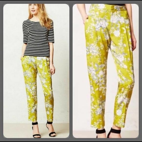 Elevenses Anthropologie Women's Chartreuse Green Mindaro Floral Trousers Size 0 - Picture 1 of 11